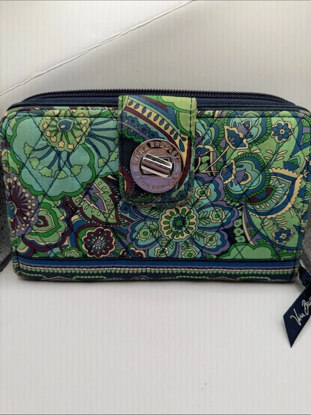 Vera Bradley Green Blue Floral Quilted Turn-Lock Wallet